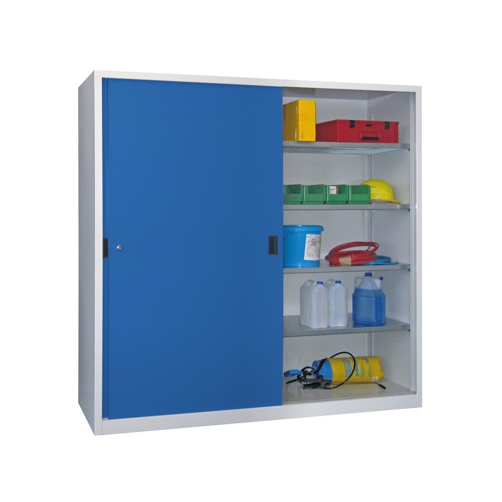 Illustration du produit: Armoire à portes coulissantes PAVOY avec mit 8 tablettes + cloison de séparation, HxlxP 1 950 x 1 500 x 600 mm, bleu gentiane, gris clair