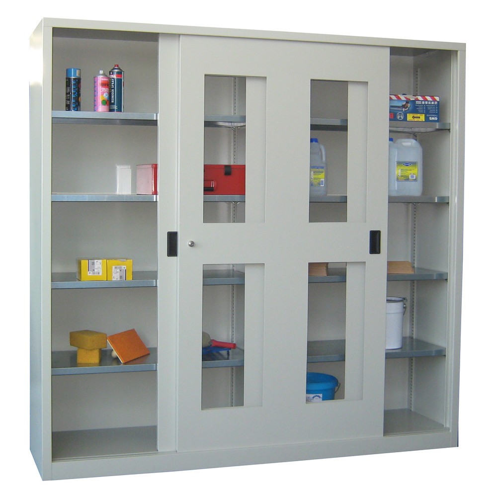 Numéro de l'image du produit 2: Armoire à portes coulissantes PAVOY avec regards + 8 tablettes + cloison de séparation, H x l x P 1 950 x 2 000 x 400 mm, bleu clair, gris clair