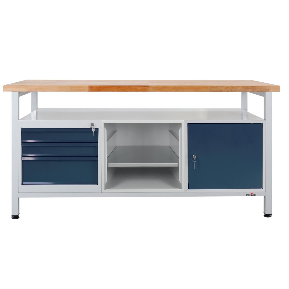Illustration du produit: Établi Extra Steinbock®, 1 rangement, 3 tiroirs, 1 étagère, 1 porte, capacité de charge 500 kg, H x l x P 840 x 1 700 x 600 mm, RAL 7035/7016