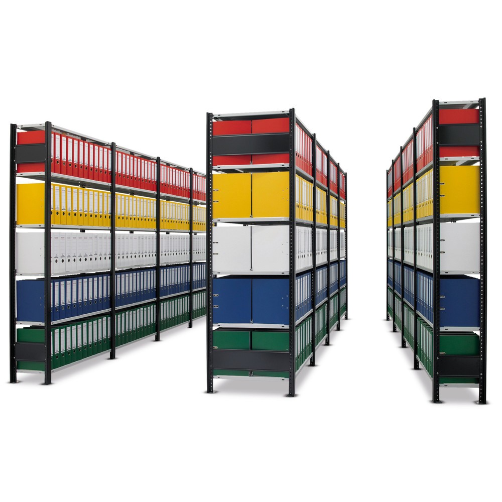 Numéro de l'image du produit 5: Rayonnage de bureau SCHULTE travée auxiliaire, utilisable d’un seul côté, avec barres de butée, CT 85 kg, noir, HxlxP 1 800 x 1 300 x 300 mm
