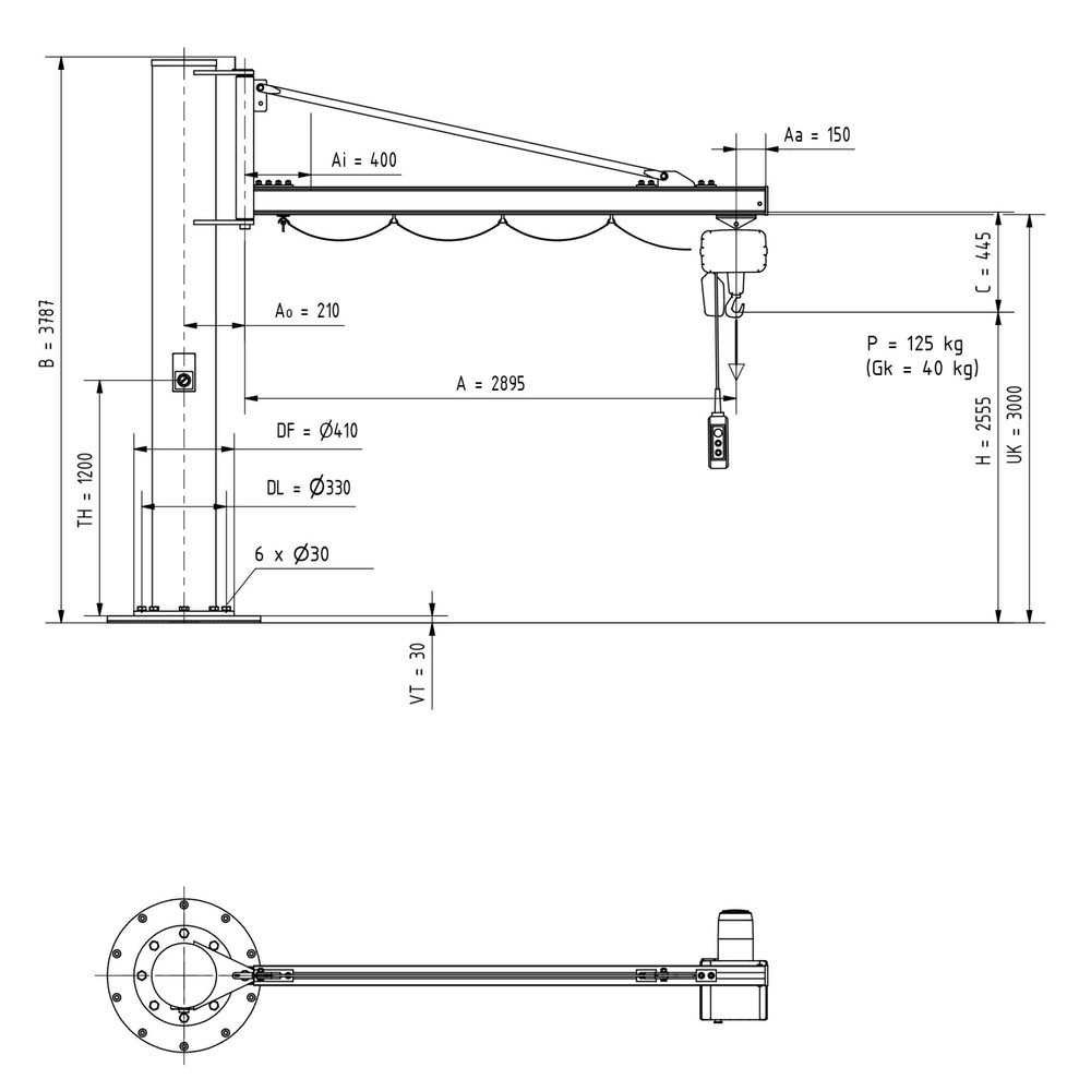 Numéro de l'image du produit 2: Potence VETTER®, palan électrique à chaîne LIFTKET inclus, version sur fût, portée 2 900 mm, capacité de charge 125 kg
