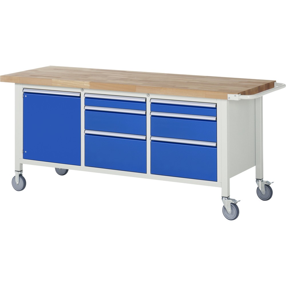 Numéro de l'image du produit 1: RAU Établi mobile série 8000, HxlxP 880 x 2 000 x 700 mm, 1 triple caisson sous plateau, avec 6 tiroirs et 1 porte battante