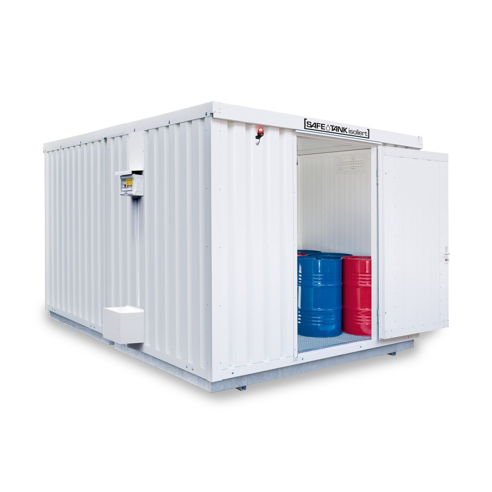 Illustration du produit: Combinaison de conteneurs pour substances dangereuses SAFE Tank, 2500 PLG/ALG, isolés, prémontés, revêtement plastique RAL 9002, dimensions extérieures 4 350x4 340x2 510 mm, porte à doubles battants, au centre du côté avant, surface de